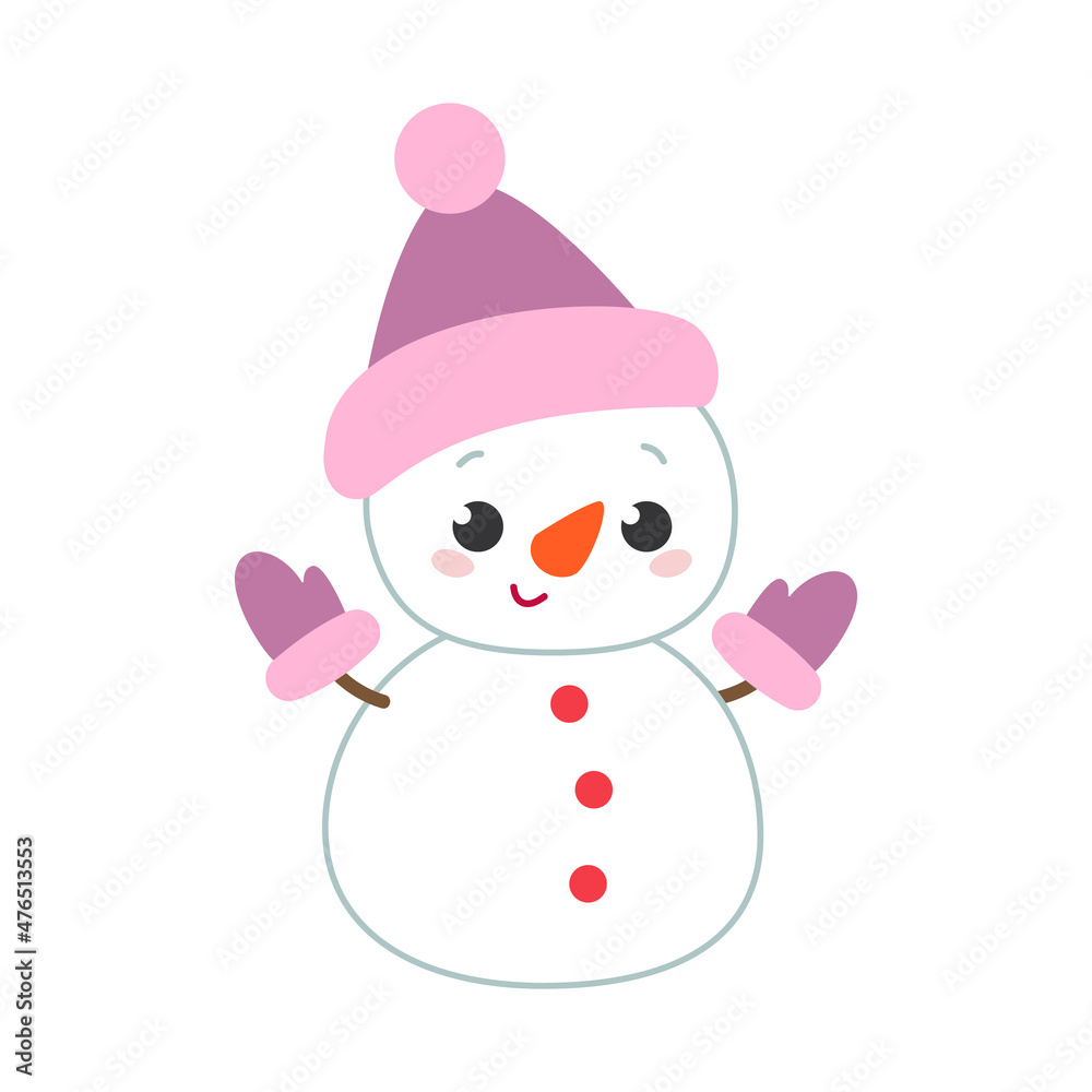 Cute happy snowman in a pink hat and gloves. Christmas character in a New Year's hat. Colored flat vector illustration of cute snowy baby isolated on white background. Cute happy snowman in a pink hat and gloves. Christmas character in a New Year's hat. Colored flat vector illustration of cute snowy baby isolated on white background.