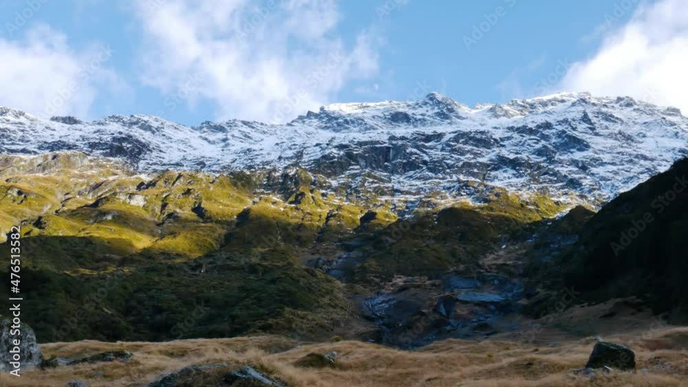 Massive snowy Mountain Range Panorama during sunny day at Rees Valley,New Zealand Massive snowy Mountain Range Panorama during sunny day at Rees Valley,New Zealand