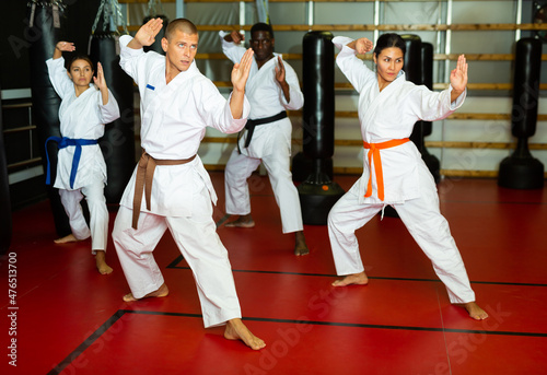 Karate or taekwondo training - athletes in kimono stand in a fighting stance