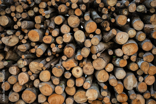 Close up of stack of firewood collecting in store preparing for winter season. Firewood is any wooden material that is gathered and used for fuel.