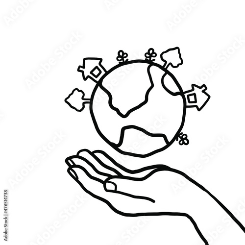 手の上の地球　手描き線画イラスト