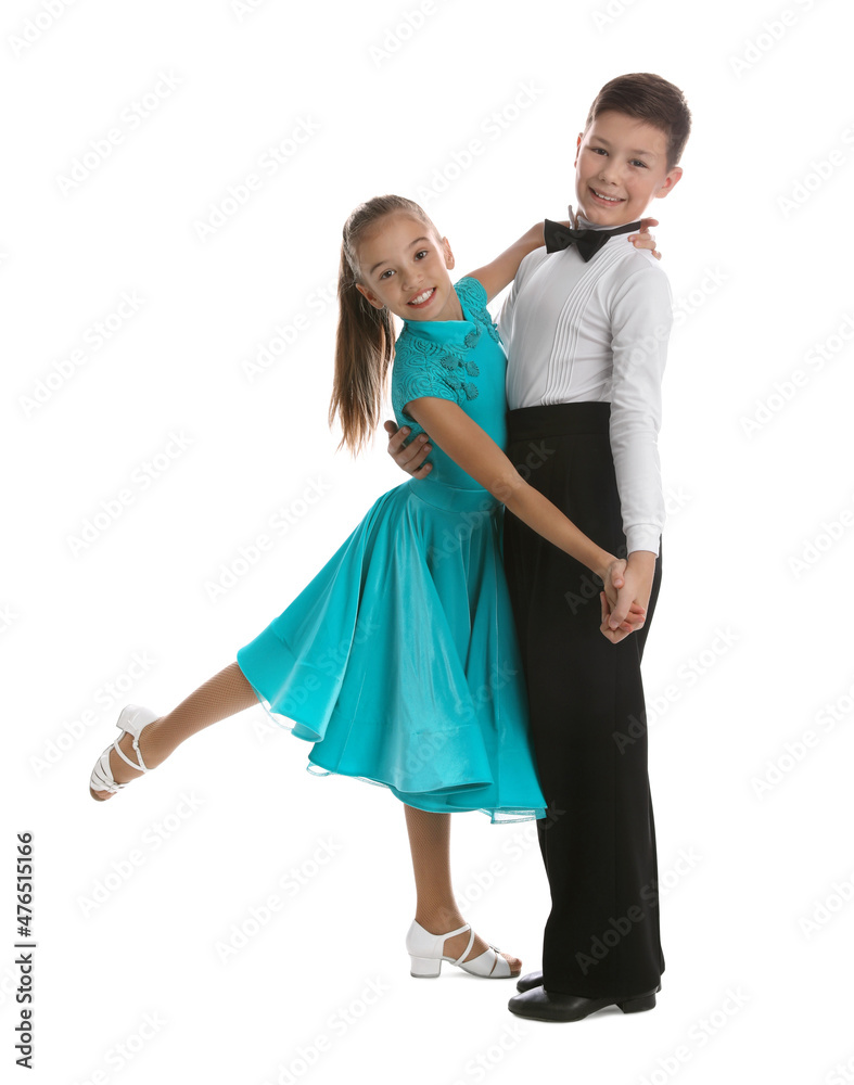 Beautifully dressed couple of kids dancing on white background Beautifully dressed couple of kids dancing on white background