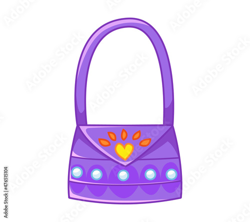 A cute purple bag decorated with pearls and a heart-shaped pattern. Vector illustration of a girl's accessory in a cartoon children's style. Isolated clipart. Colored art with an outline. © GreenPencil