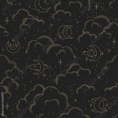 Vector seamless pattern with clouds, moons and stars. Gold decorative ornament. Graphic lunar pattern for astrology, esoteric, tarot, mystic and magic. Luxury elegant design.