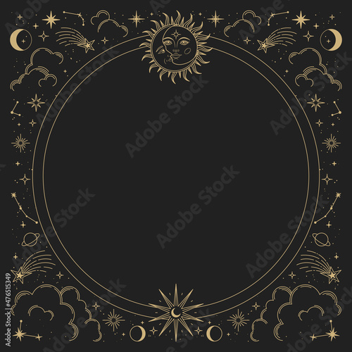 Magic vector frame with sun, moon, stars and constellations. Gold elegant ornament. Mystic frame for tarot, esoteric, astrology design. Template for poster and prints.