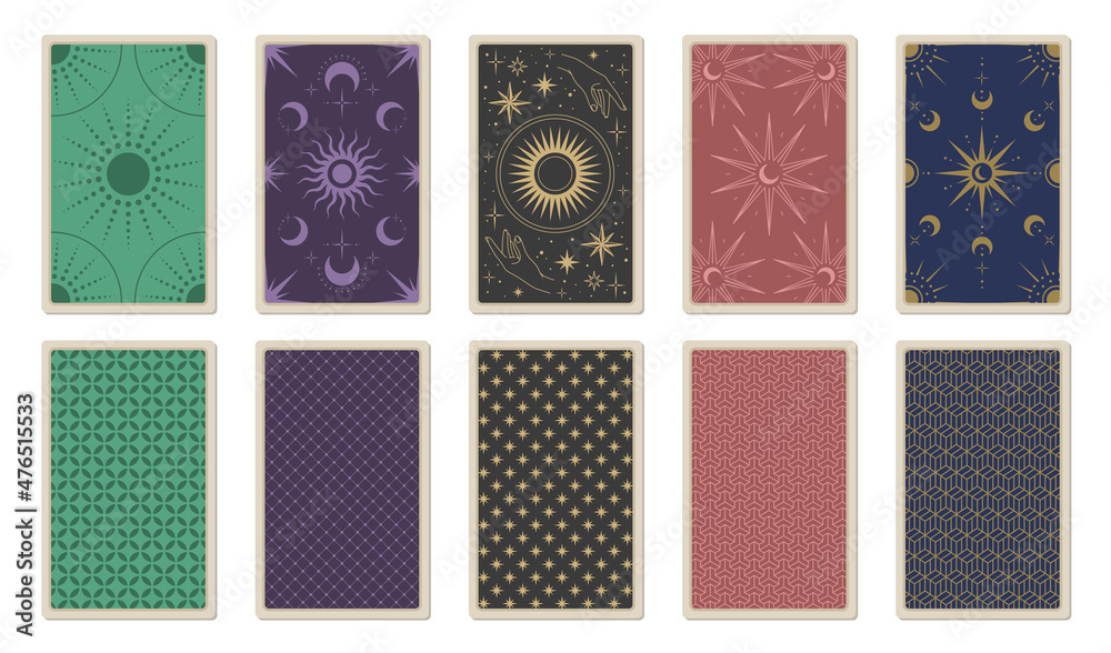 Back of tarot cards. Vector template for card deck with sun, moon, stars, hands, ornament and patterns. Magic and mystic design elements. Cards for astrology and esoteric. - obrazy, fototapety, plakaty 