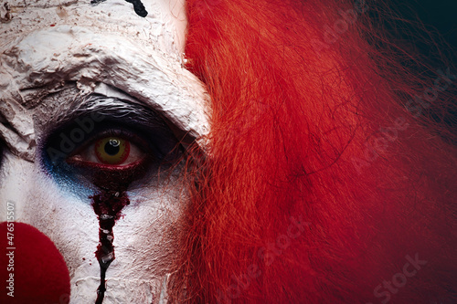 Tela Terrifying clown, closeup view. Halloween party costume