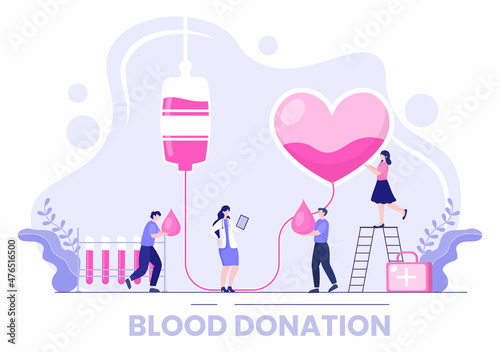 Love Charity or Blood Donation Through a Team of Volunteers Collaborating to Help and Collect Donations for Poster or Banner in Flat Design Illustration