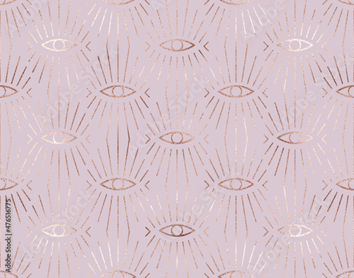 Geometric seamless pattern with rose gold evil eye tiles.