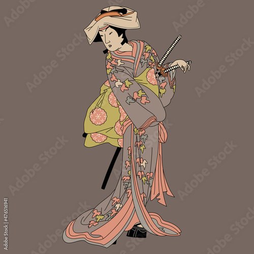 Medieval Japanese woman or man in kimono holding two swords. Traditional vintage style. On purple gray background.