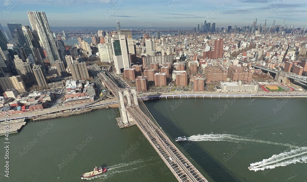 The stunning aerial view of the bridge and skyscrapers in Manhattan, taken from a helicopter ride in New York City, U.S.A