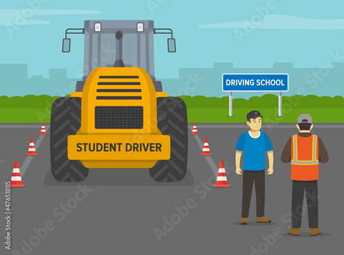 Heavy vehicle driving practice test with red cones. Student driver listening to his instructor after an exam. Instructor writing on clipboard his points. Flat vector illustration template.