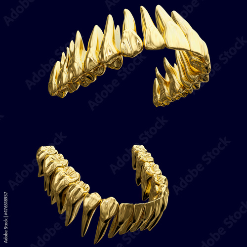 Anatomy correct open dental arch made of polished gold or polished gilt metal. 3D illustration of the human dental arches with polished gold teeth.