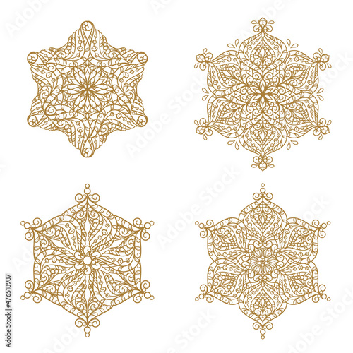 Vector golden snowflake shapes mandals set