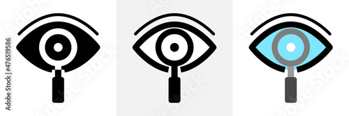 Eye magnifying glass icon. Icon set. Visibility enhancement symbols enhance search visualization concept. Vector icons. Colors, lines and solid objects