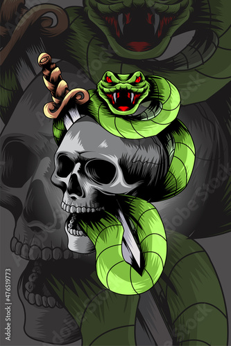 Sword pierced skull with snake vector illustration