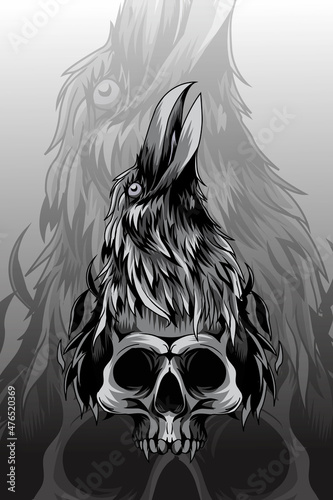 Crow with skull vector illustration