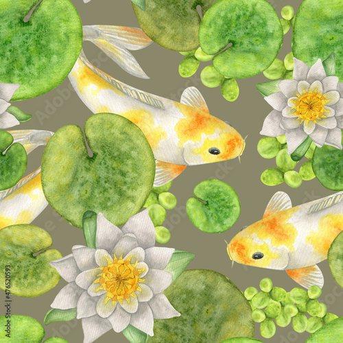Japanese Koi fish and white water lily in pond watercolor seamless pattern. Koi cute background