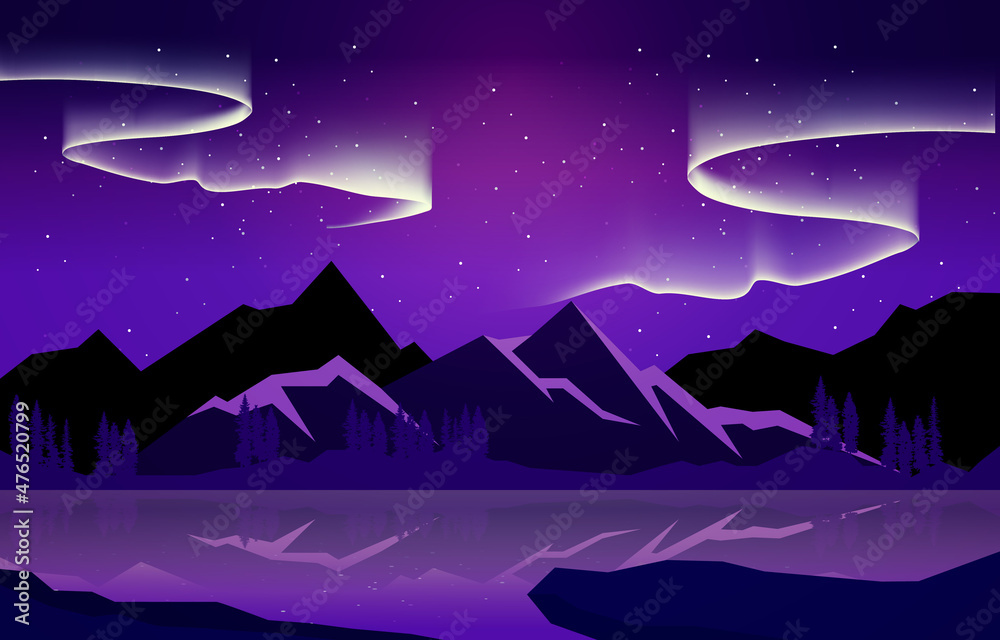 Obraz premium Beautiful Aurora Borealis Sky Light Snow Mountain Lake Polar Landscape Illustration