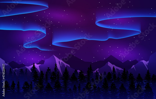 Colorful Aurora Borealis Sky Light Pine Mountain Adventure Polar Landscape Illustration