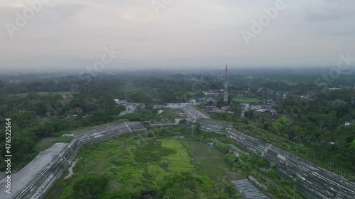 Aerial video of the sabo dam of the Gendol river blocking the cold lava flow of Mount Merapi, Yogyakarta, Indonesia. photo