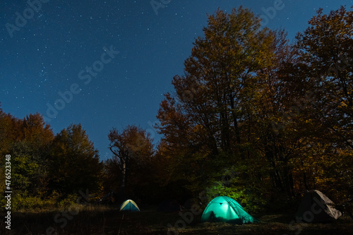 Tent camp in a forest clearing at night