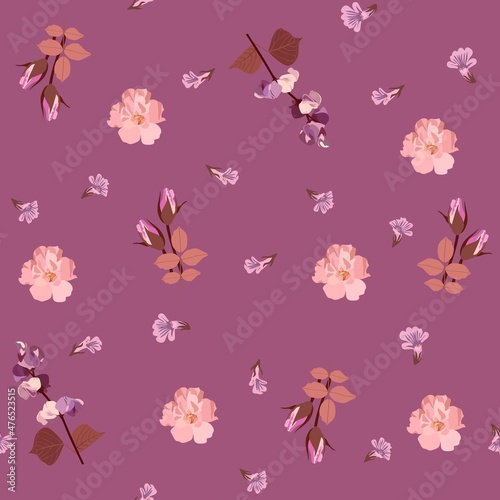 Seamless floral pattern with rosebuds, twigs of dolichos and pink bacopa flowers on light purple background. Print for fabric. photo