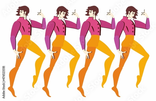 Four young men in traditional spanish costumes dancing flameco isolated on white background. Horizontal border.