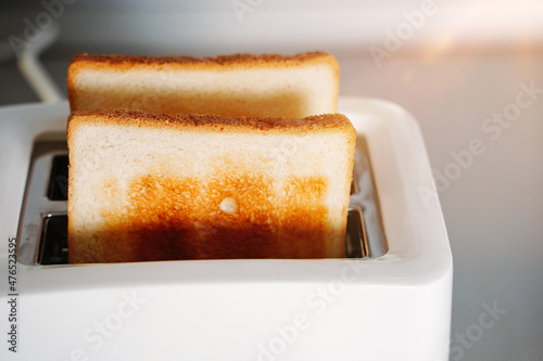 Toaster with bread slices. Electric toaster with two hot bread slices close up on white background.