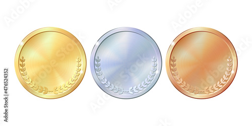Set of gold, silver and bronze round empty medals. photo