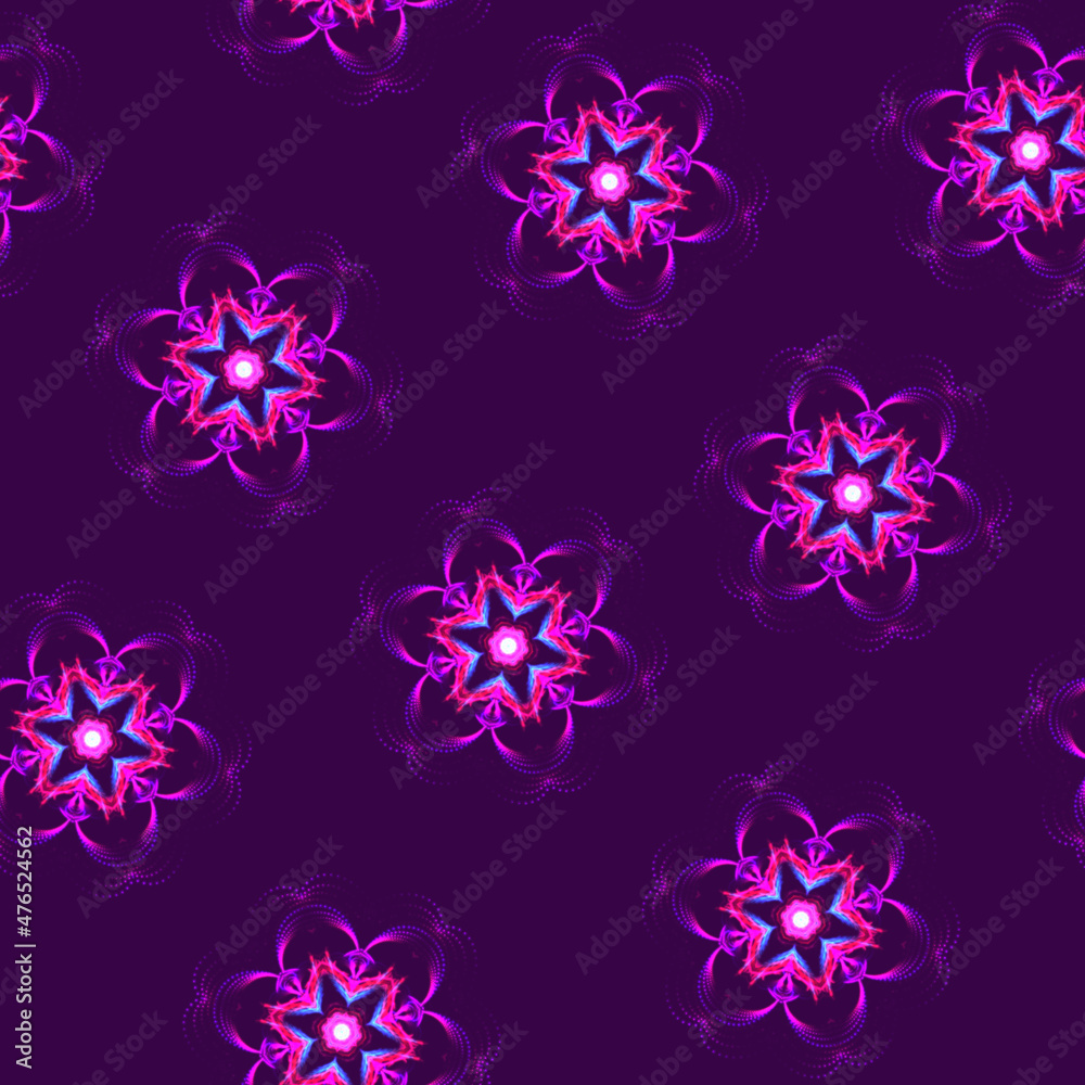 Illustration raster seamless pattern of mandalas in shiny glowing lilac color on dark lilac background. High quality illustration Illustration raster seamless pattern of mandalas in shiny glowing lilac color on dark lilac background. High quality illustration
