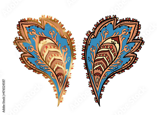 Illustration of a raster element of paisley of different shapes with patterns on a white isolated background. High quality illustration