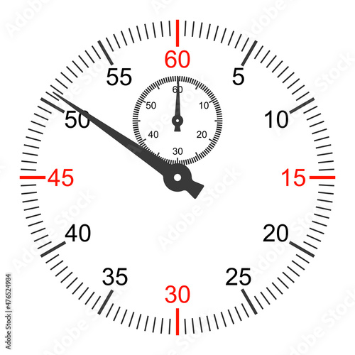 Stopwatch dial with second and minute hand scale. Flat style illustration. Isolated on white background. 