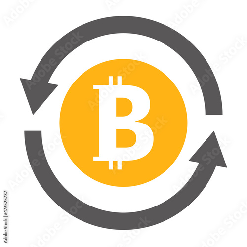 Icon of bitcoin, a virtual currency, in a rotating arrow. Vector.