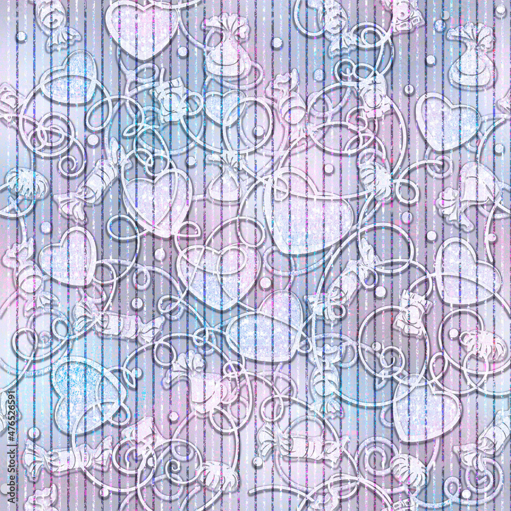 Background is seamless pink with hearts. Wedding texture. Romantic drawing  Valentine's Day. Template for printing on fabric, packaging and Wallpaper.Brilliant pattern for Christmas and Easter.