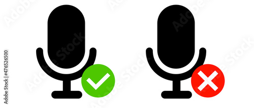 Microphone use allowed and microphone use prohibited icon set. A set of two vector icons: a check mark and a cross mark.