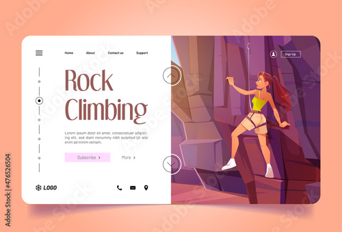 Rock climbing cartoon landing page, woman climb up the mountain. Female character mountaineer with ropes gear, sportive girl in harness healthy life and extreme sports activity, Vector illustration