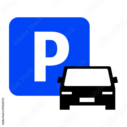 Car silhouette and parking sign vector icon. Simple illustration in flat design.