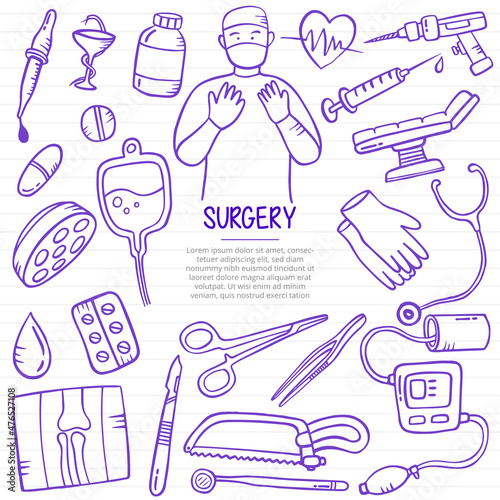 surgery doctor doodle hand drawn with outline style on paper books line
