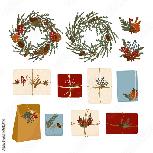 Crafted gifts and Christmas wreaths. Fashionable design for environmentally friendly packaging. Decor made from natural materials. Linen, paper, bouquets of branches. Vector hand-drawn illustration