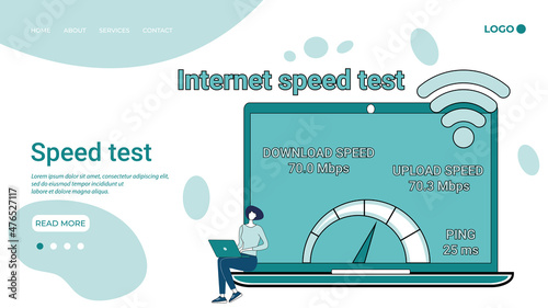 Internet speedtest.Measurement of the speed mode of the Internet broadcast.An illustration in the style of a landing page in green.