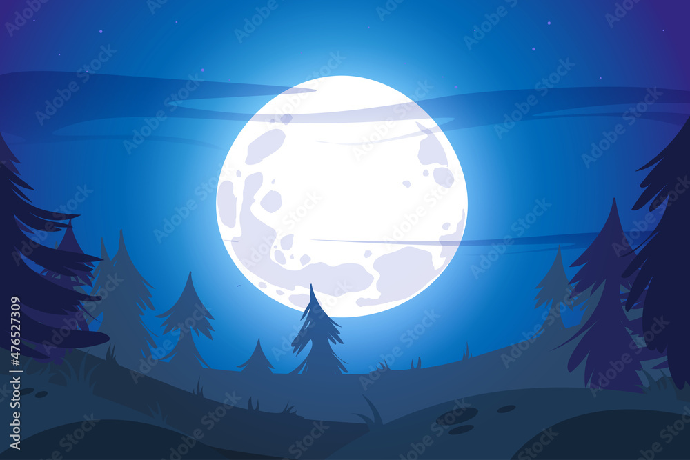 Full moon in night sky. Dark forest landscape with black silhouettes of