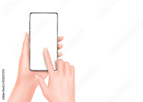 Woman hand is holding the smartphone and is touching the screen that is blank and all object on white background,vector 3d virtual isolated for presentation design