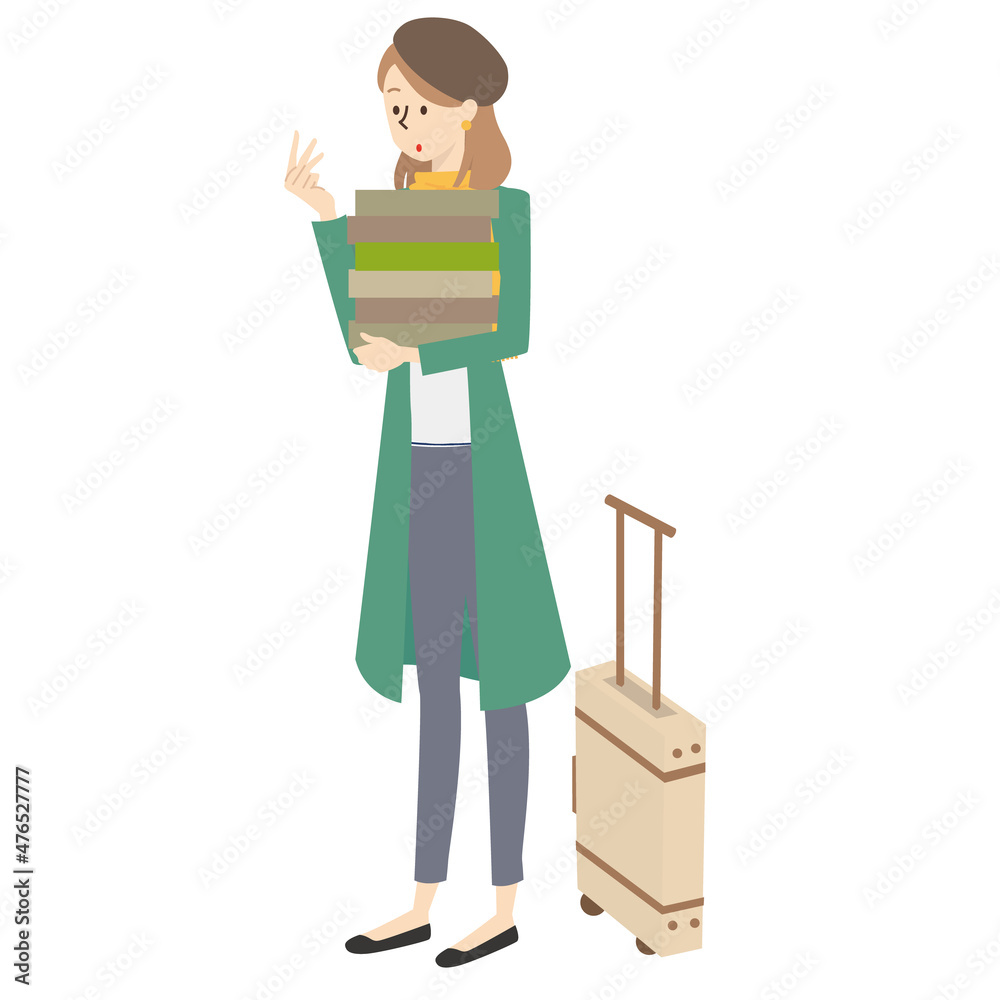 旅行先でお土産をたくさん購入する女性