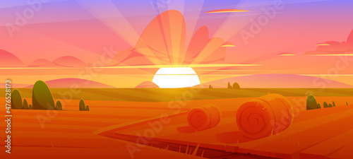 Obraz na plátne Rural landscape with hay bales on agriculture field at sunset