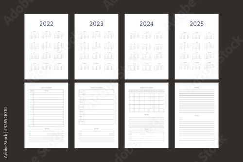 2022 2023 2024 2025 calendar and daily weekly monthly personal planner diary template. Monthly calendar individual schedule minimalist design for business notebook