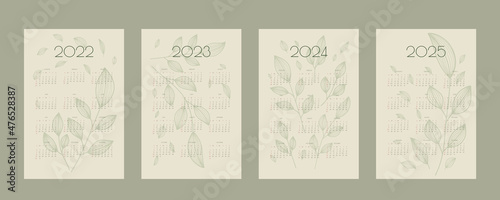 2022 2023 2024 2025 calendar with hand drawn leafs and branchs, planner organizer template in green natural eco style, vertical format