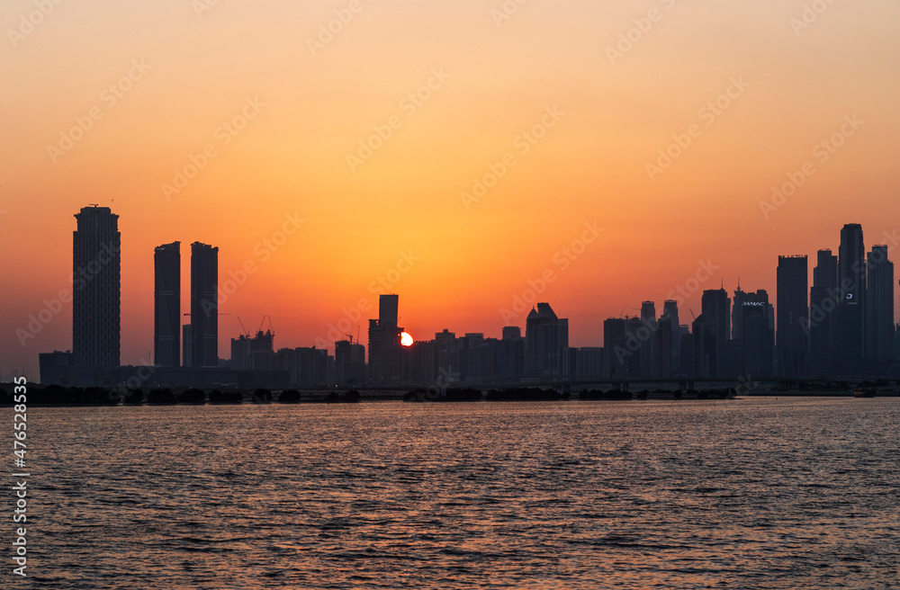 Dubai, UAE - 12.03.2021 View of Dubai skyline, shot made from Jadaf walk.City