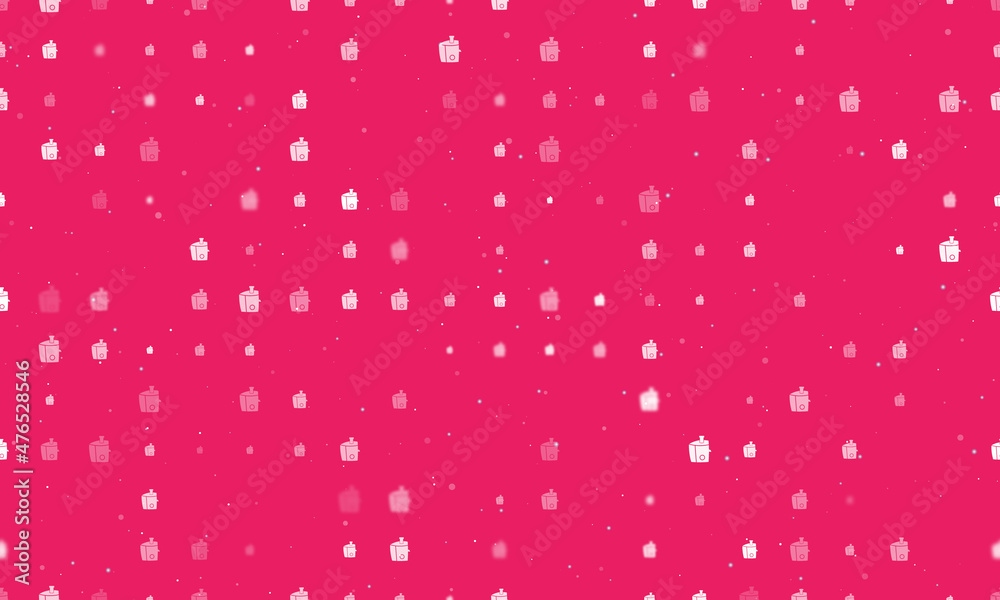 Seamless background pattern of evenly spaced white juicer symbols of different sizes and opacity. Vector illustration on pink background with stars