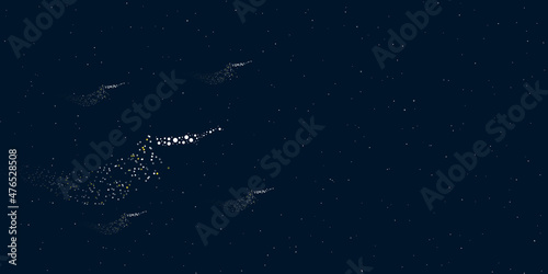 A pan symbol filled with dots flies through the stars leaving a trail behind. Four small symbols around. Empty space for text on the right. Vector illustration on dark blue background with stars